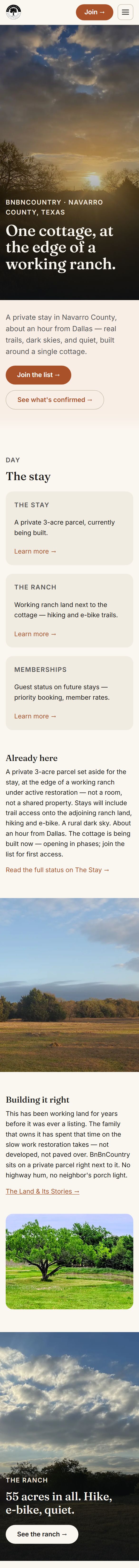A phone scrolling the bnbncountry.com home page: the hero, the stay and the ranch next to it.