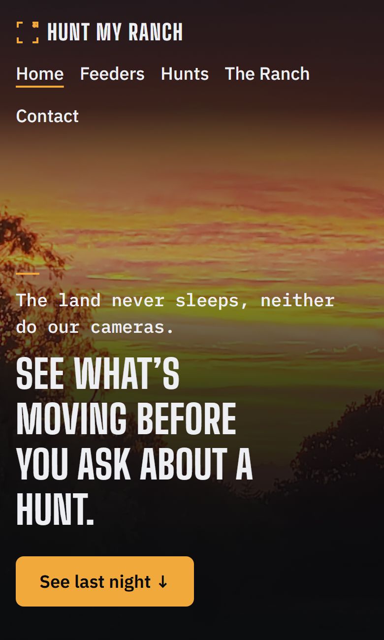The huntmyranch.com home page on a phone.