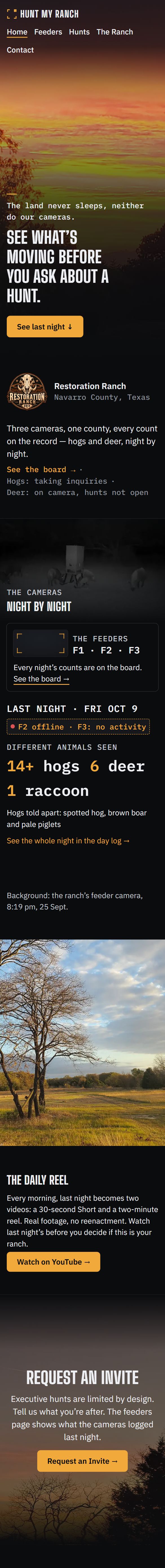 A phone scrolling the huntmyranch.com home page: the hero, last night's camera counts and the daily reel.