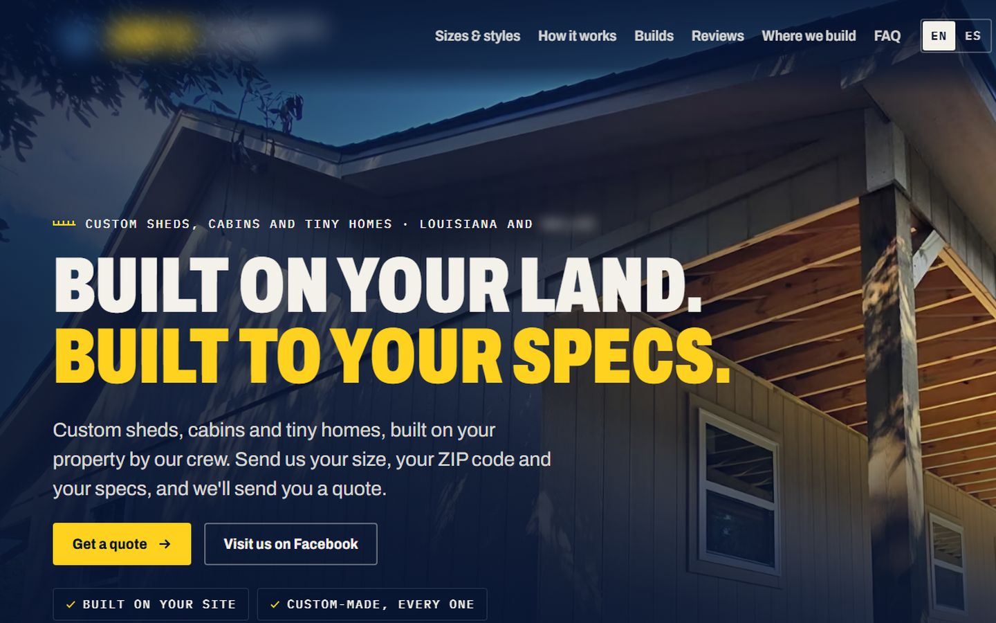 A concept website for a Louisiana shed and tiny-home builder: a full-width photo of a finished build with the headline Built on your land, built to your specs. Business name withheld.