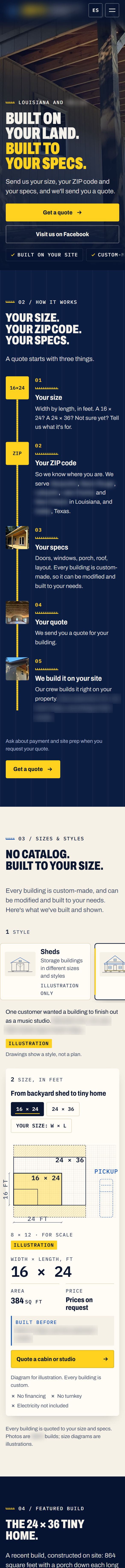 A phone scrolling the shed builder's concept site: the hero, how a quote works, and the size chooser.