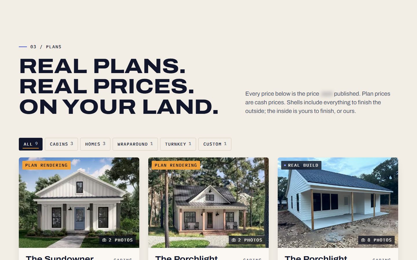 A concept website for a Texas home builder: plan cards with photos and cash prices. Business name withheld.
