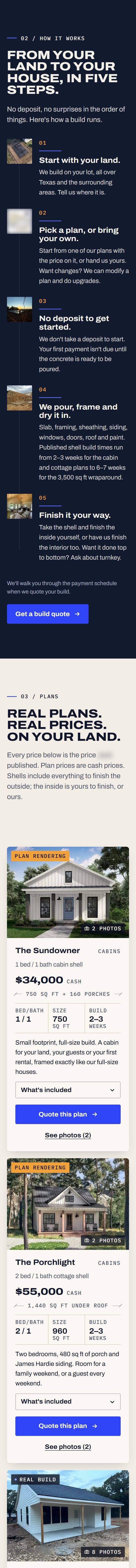 A phone scrolling the home builder's concept site: how it works, then plans with prices. Business name withheld.